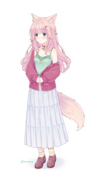 1girl absurdres animal_ears bell braid breasts camisole cardigan cat_ears cat_girl cat_tail collar commentary fraise_(nekopara) full_body green_camisole green_eyes hair_intakes hair_ornament hairclip highres jewelry long_hair long_skirt neck_bell necklace nekopara nirunirin pink_hair purple_cardigan purple_collar purple_shoes shoes side_braid signature skirt small_breasts socks solo tail twitter_username yellow_socks