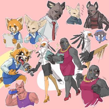 10s 2boys 5girls aggressive_retsuko bird black_skirt blue_skirt blush bottle cellphone chenpn clenched_hand closed_eyes dress drinking eagle earrings elephant fennec_fox fenneko folder furry gori_(aggretsuko) gorilla haida_(aggretsuko) high_heels holding holding_microphone hyena jacket jewelry kangaroo kicking laughing leather leather_jacket looking_at_another microphone motion_blur multiple_boys multiple_girls multiple_views necklace necktie office_lady papers pencil_skirt phone pink_background pink_dress pink_shoes red_neckwear red_panda retsuko shachou_(aggretsuko) shirt shoes sketch skirt smartphone sparkle speech_bubble striped_clothes striped_shirt tongue tongue_out washimi_(aggretsuko) water_bottle yoga_instructor