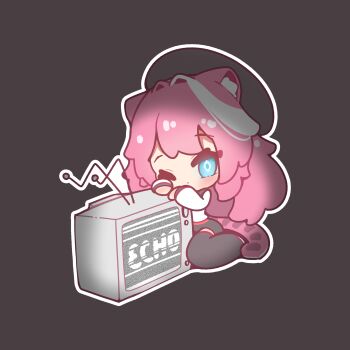 1girl animal_ear_fluff animal_ears black_hat blue_eyes blush brown_background chibi chibi_only closed_mouth commentary crt decrilus english_commentary full_body hair_intakes hat highres hololive hololive_english long_hair multicolored_hair one_eye_closed outline panther_ears panther_girl panther_tail pink_hair raora_panthera simple_background sitting solo static streaked_hair tail television virtual_youtuber white_outline white_streaks