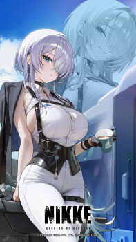 1girl arm_support artist_request black_choker black_corset black_gloves blue_eyes blue_sky breasts brid_(nikke) brid_(silent_track)_(nikke) chest_harness choker cloud coffee collared_shirt colored_inner_hair commentary corset cup disposable_coffee_cup disposable_cup dress_shirt earrings english_commentary from_below gloves goddess_of_victory:_nikke hair_over_one_eye half_gloves harness highres hoop_earrings jacket jacket_on_shoulders jewelry large_breasts long_hair looking_at_viewer multicolored_hair official_art pants shirt sideboob sideless_shirt sky sleeveless sleeveless_shirt smile tight_clothes tight_pants very_long_hair white_hair white_pants white_shirt zoom_layer