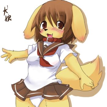 Rule 34 | 1girl, blush, breasts, brown eyes, collar, dog, fang, female focus, furry, furry female, kagerofu, panties, school uniform, solo, underwear, wide hips