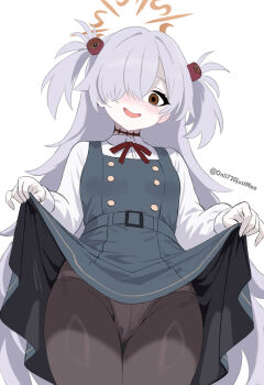 1girl artist_name bags_under_eyes black_pantyhose blue_archive blush brown_eyes brown_halo brown_ribbon buttons clothes_lift collared_shirt dot_nose dress dress_lift eyeball_hair_ornament green_dress grey_hair hair_between_eyes hair_over_one_eye halo highres kanoe_(blue_archive) lifting_own_clothes loli long_hair long_sleeves looking_at_viewer neck_ribbon nose_blush one_eye_covered onli720justmao panties panties_under_pantyhose pantyhose pinafore_dress red_ribbon ribbon scar scar_on_neck shirt simple_background skirt skirt_lift sleeveless sleeveless_dress smile solo standing thighs two_side_up underwear very_long_hair white_panties white_shirt