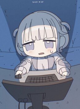 1girl blunt_bangs blush chibi chibi_only commentary_request computer computer_mouse dated desk furrowed_brow grey_hair highres hololive hololive_dev_is humi_kaga indoors jitome long_sleeves open_mouth purple_eyes screen_light solo sweat todoroki_hajime virtual_youtuber