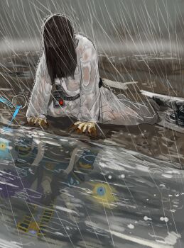 1girl absurdres adeptus_astartes chaos_space_marine commentary cup different_reflection english_commentary hair_over_eyes highres kkghost_tv long_hair mud rain reflection reflective_liquid river robe sitting solo spill thousand_sons warhammer_40k white_robe