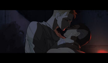 Rule 34 | 2boys, blonde hair, brown hair, commentary request, frilled sleeves, frills, grey shirt, hans capon, henry of skalitz, highres, imminent kiss, kingdom come: deliverance ii, letterboxed, long sleeves, male focus, multiple boys, nude, parted lips, pimonoooo, shirt, yaoi