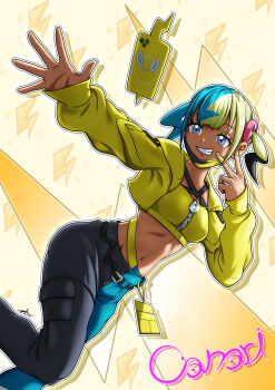 1girl absurdres bandeau belt black_belt blue_eyes canari_(pokemon) character_name commentary_request eyelashes gen_4_pokemon glint grin hand_up highres jacket lightning_bolt_symbol mask mask_pull mk_draw mouth_mask multicolored_hair nail_polish navel nintendo open_clothes open_jacket outstretched_arm pants pokemon pokemon_legends:_z-a rotom rotom_phone short_twintails smile spread_fingers teeth twintails yellow_bandeau yellow_jacket yellow_nails zipper zipper_pull_tab