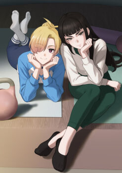 Rule 34 | absurdres, black hair, black socks, blonde hair, blue leggings, blue shirt, breasts, brown eyes, closed mouth, dim lighting, eyebrows hidden by hair, feet up, full body, ghhoward, green pants, hair between eyes, hair over one eye, hand on own cheek, hand on own face, head rest, highres, leggings, long hair, looking at viewer, lying, on stomach, original, pants, pink eyes, serious, shadow, shirt, short hair, small breasts, smile, socks, soles, the pose, weights, white shirt, white socks, yoga mat