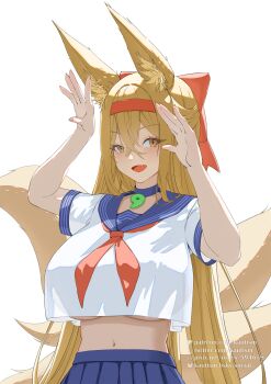 1girl animal_ear_fluff animal_ears arms_up blonde_hair blue_choker blue_sailor_collar bluesky_username blush bow breasts chinese_commentary choker commentary_request crop_top crop_top_overhang crossed_bangs fang fingernails fox_ears fox_girl fox_tail hair_between_eyes hair_bow hairband half_updo highres hirume_of_heavenly_incense kautism kitsune large_breasts last_origin long_bangs long_hair looking_at_viewer magatama midriff multiple_tails navel neckerchief open_hands open_mouth patreon_username pendant_choker pixiv_username pleated_skirt red_bow red_hairband red_neckerchief sailor_collar school_uniform serafuku shirt short_sleeves simple_background skin_fang skirt smile solo tail twitter_username underboob upper_body v-shaped_eyebrows very_long_hair white_background white_shirt yellow_eyes