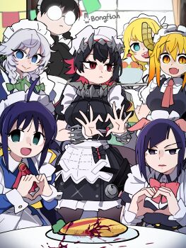 6+girls absurdres akiba_maid_sensou apron artist_name black_dress black_hair black_lagoon blonde_hair bongftah character_request copyright_request dragon_girl dragon_horns dress ellen_joe food green_eyes grey_hair heart heart_hands highres holding holding_plate horns izayoi_sakuya kobayashi-san_chi_no_maidragon looking_at_viewer looking_to_the_side maid maid_apron maid_headdress mannen_ranko multicolored_hair multiple_girls omelet omurice plate purple_eyes purple_hair red_eyes roberta_(black_lagoon) round_eyewear serious smile tohru_(maidragon) touhou two-tone_hair zenless_zone_zero