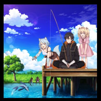 animal_ears black_hair black_outline blonde_hair dock dress elf end_card eyecatch fighting_stance fish fishing fishing_line fishing_rod highres holding holding_fishing_rod isshun_de_chiryou_shiteita_noni_yakutatazu_to_tsuihou_sareta_tensai_chiyushi_yami_healer_toshite_tanoshiku_ikiru lake lily_(yami_healer) loewe_(yami_healer) lynga_(yami_healer) makaria official_art outdoors outline pink_dress pointing pointy_ears sky tail wolf_ears wolf_girl wolf_tail zenos_(yami_healer) zophia_(yami_healer)