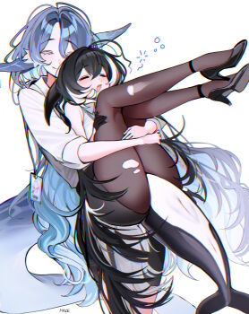 2girls absurdres black_gloves black_hair black_shoes black_skirt blue_hair boss_whale_(haze_(7h4ze)) cetacean_tail closed_eyes collared_shirt commentary dorsal_fin fins fish_tail gloves haze_(7h4ze) high_heels highres holding_another&#039;s_leg hugging_another&#039;s_leg id_card lanyard long_hair multicolored_hair multiple_girls office_lady open_mouth orca_(haze_(7h4ze)) orca_girl original pantyhose pencil_skirt sharp_teeth shirt shoes skirt sleeveless sleeveless_shirt streaked_hair tail teeth torn_clothes torn_pantyhose very_long_hair whale_girl white_background white_hair white_shirt