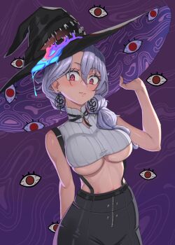 Rule 34 | 1girl, absurdres, black hat, black pants, breasts, closed mouth, cropped shirt, earrings, emmettart, grey hair, hair between eyes, hand on own hat, hat, highres, jewelry, linea alba, long hair, official alternate eye color, pants, phase connect, purple background, red eyes, ribbed shirt, second-party source, shirt, shisui michiru, shisui michiru (michiru 2.0), solo, suspenders, virtual youtuber, witch hat