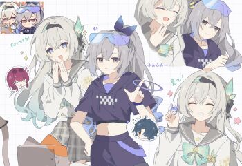 Rule 34 | 2girls, ^ ^, blade (honkai: star rail), bow, checkered clothes, chibi, chibi inset, closed eyes, commentary request, cropped hoodie, eyewear on head, firefly (honkai: star rail), firefly (spring missive) (honkai: star rail), gradient hair, grey eyes, grey hair, grid background, grin, happy, headband, highres, honkai: star rail, honkai (series), hood, hoodie, kafka (honkai: star rail), ki ii37, long hair, looking at another, midriff, multicolored eyes, multicolored hair, multiple expressions, multiple girls, official alternate costume, official art inset, pants, ponytail, school uniform, serafuku, silver wolf (honkai: star rail), smile, sparkle, stellaron hunters (honkai: star rail)