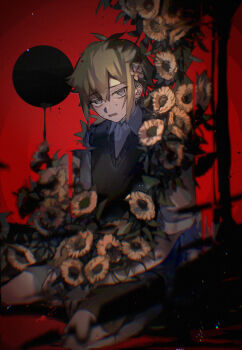 Rule 34 | 1boy, antenna hair, basil (faraway) (omori), basil (omori), blonde hair, blue eyes, collared shirt, commentary request, double-parted bangs, flower, green sweater vest, hair between eyes, highres, looking at viewer, male focus, omori, open mouth, red background, seiza, shirt, short hair, short sleeves, sidelocks, sitting, solo, sunflower, sweat, sweater vest, usagi uma te mu, white shirt
