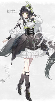 1girl asymmetrical_legwear black_hair black_skirt black_socks boots breasts chinese_commentary chinese_text closed_mouth commentary_request dress english_text frills full_body green_eyes hair_ornament hat heise_changmaomao high_heel_boots high_heels highres kneehighs long_hair long_sleeves looking_at_viewer mixed-language_text original shirt skirt socks solo standing very_long_hair white_shirt