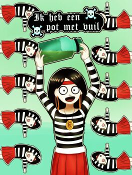 Rule 34 | 1girl, arms up, bandana, black eyes, black hair, check translation, coin, dutch text, earrings, gold coin, highres, holding, holding jar, hoop earrings, jar, jewelry, kiki (ongezellig), lol limewire (meme), long sleeves, medium hair, meme, necklace, ongezellig, pirate, pirates of the caribbean, red bandana, red skirt, skirt, solo, striped clothes, toon (style), translation request, vtcric