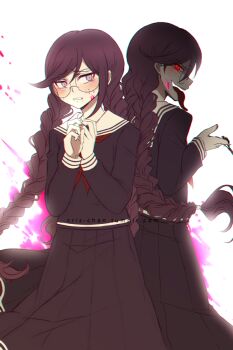 2girls back-to-back black_serafuku black_shirt black_skirt blood blood_on_face blood_splatter blush braid collared_shirt commentary criis-chan danganronpa:_trigger_happy_havoc danganronpa_(series) dual_persona english_commentary eyelashes fukawa_toko genocider_shou glasses glowing glowing_eyes long_hair long_sleeves long_tongue multiple_girls neckerchief nervous_sweating open_mouth pink_blood purple_eyes purple_hair red_eyes red_neckerchief round_eyewear sailor_collar school_uniform serafuku shirt simple_background skirt skirt_set smile sweat tongue tongue_out tumblr_username twin_braids twintails watermark web_address white_background white_sailor_collar