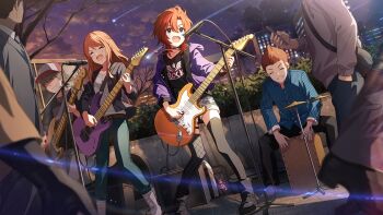 Rule 34 | 2girls, 4boys, band (music), black boots, black shirt, black thighhighs, blue eyes, boots, commentary request, electric guitar, facial mark, game cg, guitar, holding, holding guitar, holding instrument, holding plectrum, idolmaster, idolmaster million live!, idolmaster million live! theater days, instrument, jacket, julia (idolmaster), microphone, microphone stand, multiple boys, multiple girls, music, night, official art, open clothes, open jacket, open mouth, outdoors, playing guitar, playing instrument, plectrum, purple jacket, red hair, shirt, short hair, standing, star (symbol), star facial mark, thighhighs, third-party source