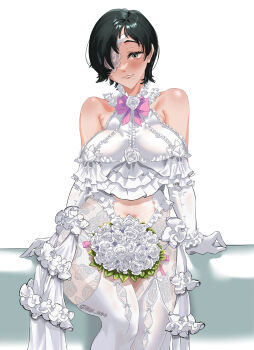 1girl absurdres alternate_costume between_thighs black_hair boji_norn bouquet bow breasts brown_eyes chainsaw_man covered_navel dress elbow_gloves eyepatch flower gloves highres himeno_(chainsaw_man) large_breasts pink_bow short_hair simple_background sitting solo thighhighs white_background white_dress white_gloves white_thighhighs