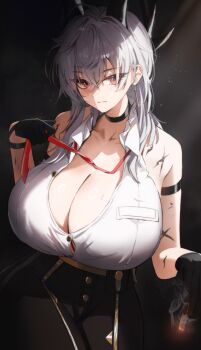 1girl alternate_costume arm_strap bare_shoulders black_choker black_gloves black_horns black_pants breasts button_gap choker cigarette cleavage closed_mouth clothes_grab collarbone collared_shirt commentary curled_horns dotthebot earrings gloves hair_between_eyes highres holding holding_cigarette horns huge_breasts jewelry key_earrings light_blush looking_at_viewer loose_necktie necktie necktie_grab neckwear_grab pants partially_unbuttoned red_eyes red_necktie scar scar_on_arm shirt sleeveless sleeveless_shirt solo tight_clothes tight_pants white_hair white_shirt wuthering_waves zani_(wuthering_waves)