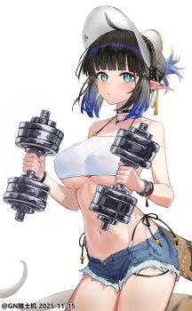 1girl absurdres arknights black_hair blue_eyes blue_hair breasts commentary_request covered_erect_nipples crop_top derivative_work dolphin_shorts dumbbell eunectes_(arknights) gn_tuituji hat highres holding holding_dumbbell large_breasts looking_at_viewer multicolored_hair navel pointy_ears revision short_hair shorts simple_background snake_girl snake_tail solo stomach tail thighs two-tone_hair underboob white_background white_hat