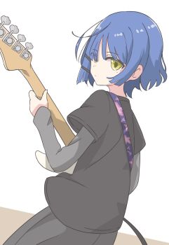 1girl bass_guitar black_shirt black_skirt blue_hair bocchi_the_rock! commentary_request electric_guitar gibson_les_paul grey_skirt guitar hair_ornament hairclip highres holding holding_instrument instrument kureijii_saiko layered_sleeves long_sleeves looking_at_viewer mole mole_under_eye music playing_instrument shirt short_hair short_over_long_sleeves short_sleeves skirt solo yamada_ryo