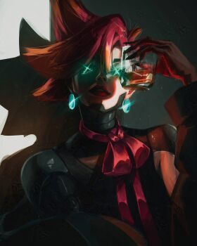 Rule 34 | 1girl, absurdres, black jacket, blue eyes, choker, commentary, cup, drinking glass, earrings, english commentary, hair between eyes, highres, holding, holding cup, jacket, jacket partially removed, jewelry, lips, lipstick, long sleeves, looking at viewer, makeup, nose, open mouth, original, red choker, red hair, red lips, red ribbon, ribbon, ribbon choker, short hair, solo, titanartx, upper body, x x