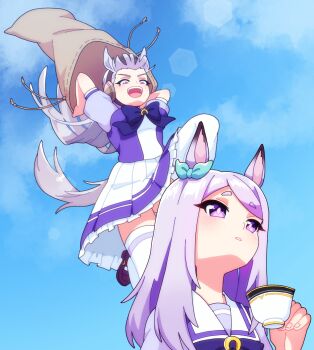 2girls animal_ears aqua_bow blue_sky blunt_bangs blush bow breasts commentary cup ear_ribbon english_commentary gold_ship_(umamusume) grey_hair hat highres holding holding_cup holding_sack horse_ears horse_girl horse_tail kitnoko long_hair medium_breasts mejiro_mcqueen_(umamusume) meme multiple_girls open_mouth pillbox_hat puffy_short_sleeves puffy_sleeves purple_bow purple_eyes purple_hair purple_shirt sack sailor_collar sailor_shirt school_uniform shirt short_sleeves skirt sky smile tail teacup teeth thighhighs tracen_school_uniform umamusume upward_angle_frieren_drawing_(meme) white_sailor_collar white_skirt white_thighhighs zettai_ryouiki