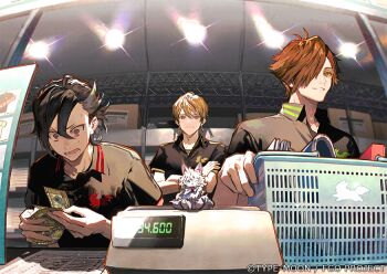 3boys banknote basket black_hair blonde_hair cash_register collared_shirt commentary_request creature crossed_arms earrings employee_uniform fate/grand_order fate_(series) fou_(fate) gilgamesh gilgamesh_(caster)_(fate) gilgamesh_(fate) green_eyes hair_between_eyes hair_over_one_eye holding holding_basket holding_money jewelry looking_at_viewer male_focus mandricardo_(fate) money multicolored_hair multiple_boys nozaki_tsubata official_art open_mouth orange_hair promotional_art red_eyes robin_hood_(fate) shirt short_hair smile streaked_hair sweatdrop white_hair