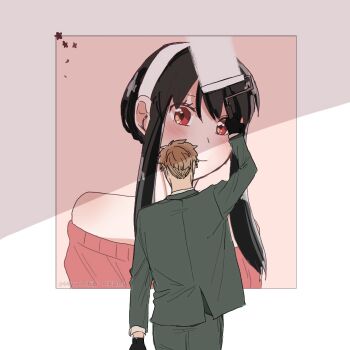 1boy 1girl 646nacho bare_shoulders black_hair blonde_hair blush breasts couple dress formal_clothes green_pants green_suit hairband hetero highres husband_and_wife long_hair pants red_sweater shirt short_hair simple_background spy_x_family suit sweater twilight_(spy_x_family) yor_briar