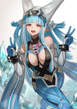 Rule 34 | 1girl, arknights, arknights: endfield, bare shoulders, blue gloves, blue hair, blue pants, blunt bangs, breasts, bright pupils, clothing cutout, commentary request, detached sleeves, double v, gloves, grey gloves, grey hat, grey sleeves, hat, highres, hip vent, large breasts, last rite (arknights), long hair, long sleeves, looking at viewer, motivation (user kace3282), open mouth, pants, partial commentary, pointy ears, red eyes, solo, v, white pupils