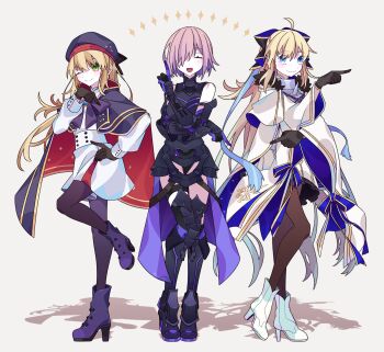 3girls absurdres aesc_(fate) aesc_(savior)_(fate) ahoge armor armored_dress armored_leotard artoria_caster_(fate) artoria_caster_(second_ascension)_(fate) artoria_pendragon_(fate) belt black_bow black_fur black_gloves blonde_hair blue_cape blue_cloak blue_eyes blue_ribbon blush bow breasts cape capelet cloak dress elbow_gloves fate/grand_order fate_(series) fur-trimmed_cloak fur-trimmed_gloves fur_trim gloves green_eyes hair_between_eyes hair_bow hair_over_one_eye hat highres kujiramaru large_breasts leotard long_fall_boots long_hair long_sleeves look-alike looking_at_viewer mash_kyrielight mash_kyrielight_(demi-servant) multicolored_cape multicolored_capelet multicolored_cloak multiple_girls open_mouth ornament pantyhose ponytail purple_eyes purple_gloves purple_hair ribbon short_hair simple_background smile spiked_armor spikes striped_belt thighhighs twintails two-sided_bow two-tone_capelet two-tone_sleeves white_cape white_cloak