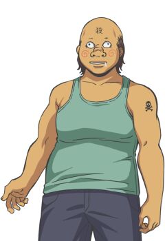 Rule 34 | 1boy, anime coloring, ansatsu kyoushitsu, arm tattoo, balding, black pants, brown hair, cowboy shot, forehead tattoo, futoshi (ansatsu kyoushitsu), green tank top, higami aya, highres, official art, pants, saliva, simple background, skull and crossbones, skull and crossbones tattoo, solo, tachi-e, tank top, tattoo, transparent background, ugly bastard, wall-eyed