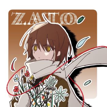 1girl asya_shubina brown_coat brown_eyes brown_hair closed_mouth coat expressionless flower gloves hashtag-only_commentary holding holding_flower looking_afar petals scarf short_hair sjk114514 solo upper_body white_gloves white_scarf z.a.t.o._//_i_love_the_world_and_everything_in_it