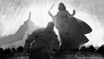 1girl 1other bearer_of_the_curse cape cloak commentary_request dark_souls_(series) dark_souls_ii dress emerald_herald feathers full_body fur_cape gauntlets greyscale helm helmet highres holding holding_feather hood hood_up hooded_cloak in-universe_location l_aciel monochrome on_one_knee pillar standing sword watermark weapon web_address