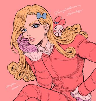 Rule 34 | 1boy, 1girl, animal ears, argyle clothes, argyle gloves, bishounen, blonde hair, blue bow, blue eyes, bow, character name, coat, commentary request, crossed legs, crossover, curly hair, frilled sleeves, frills, funny valentine, gloves, hair bow, hand on own hip, highres, jojo no kimyou na bouken, lips, long hair, looking at viewer, male focus, my melody, onegai my melody, parted lips, pink background, pink coat, pink lips, pink theme, ponpon emiri, purple gloves, rabbit ears, sanrio, simple background, sitting, solo, steel ball run