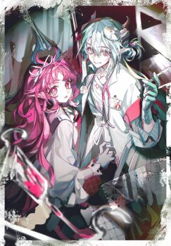 1boy 1girl aqua_gloves arknights blood bright_pupils chinese_commentary commentary_request diamond-shaped_pupils diamond_(shape) gloves grey_eyes grey_gloves hair_between_eyes highres jacket long_hair looking_at_viewer mitm_(arknights) mitm_(under_surgical_lights)_(arknights) nymph_(arknights) official_alternate_costume pink_eyes pink_hair pointy_ears smile standing stethoscope stethoscope_around_neck symbol-shaped_pupils tongxi65938_(mo_zuoren) white_jacket white_pupils