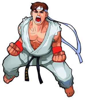 1990s_(style) 1boy absurdres angry barefoot bengus brown_eyes brown_hair clenched_hands dougi fingerless_gloves from_above full_body game_cg gloves headband highres legs_apart looking_up male_focus martial_arts_belt marvel_super_heroes_vs._street_fighter marvel_vs._capcom mma_gloves muscular muscular_male non-web_source official_art open_mouth pectorals retro_artstyle ryu_(street_fighter) simple_background solo standing street_fighter teeth toes torn_clothes torn_sleeves white_background white_headband