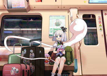 2girls absurdres alice_margatroid ascot black_ascot black_hairband blue_eyes character_doll chinese_commentary cirno collared_shirt commentary_request commission doll flandre_scarlet fumo_(doll) green_skirt green_vest grey_hair hairband hakurei_reimu highres hinanawi_tenshi hitodama hitodama_print izayoi_sakuya kirisame_marisa kochiya_sanae komeiji_koishi konpaku_youmu konpaku_youmu_(ghost) multiple_girls nagae_iku open_mouth print_skirt puffy_short_sleeves puffy_sleeves reiuji_utsuho saigyouji_yuyuko shirt short_sleeves sitting skirt skirt_set smile solo_focus sticker suitcase sukuna_shinmyoumaru touhou train_interior vest white_shirt wuzeiiezuw yakumo_yukari yamashiro_takane