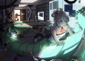 2girls at_computer blueprint_(object) cecilia_immergreen cecilia_immergreen_(1st_costume) computer doll_joints gigi_murin gigi_murin_(1st_costume) green_eyes grey_hair highres holographic_interface hololive hololive_english indoors joints lamia mechanical_tail monster_girl mouth_hold multiple_girls opening_door otomo_(cecilia_immergreen) short_hair tail tools very_long_tail virtual_youtuber welding winding_key workshop wrench yorobisan