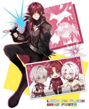 Rule 34 | 1girl, 2boys, belt, black gloves, black jacket, black pants, cardigan, chibi, cleavage cutout, clothing cutout, commentary, feathers, finger gun, fingerless gloves, flower stand art, full body, gloves, green eyes, grey hair, hair between eyes, highres, ibrahim (1st costume) (nijisanji), ibrahim (nijisanji), invisible chair, jacket, jewelry, key, key necklace, lauren iroas, lauren iroas (1st costume), lauren iroas (4th costume), long hair, looking at viewer, multiple boys, necklace, nijisanji, om (tyakonnpasu), open clothes, open jacket, pants, parted bangs, pink eyes, pink hair, ponytail, red hair, shiina yuika, shiina yuika (1st costume), short hair, side ponytail, sitting, smile, virtual youtuber