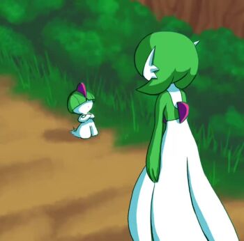 animated bob_cut bowl_cut breakdance cat_breakdancing_(meme) colored_skin dress gardevoir gen_3_pokemon grass green_hair green_skin hair_over_eyes hirogearguy looking_at_another meme multicolored_skin nintendo outdoors pokemon pokemon_(creature) ralts sound standing tagme two-tone_skin video white_dress white_skin