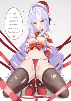 1girl :d absurdres bell bikini black_thighhighs breasts cameltoe covered_erect_nipples english_text fur-trimmed_bikini fur_trim hat highres jingle_bell long_hair medium_breasts multicolored_hair navel open_mouth pointy_ears purple_hair red_bikini red_eyes red_hat red_ribbon red_shoes ribbon santa_hat shoes skaiimi smile solo speech_bubble squatting streaked_hair sweatdrop swimsuit thighhighs torn_clothes torn_thighhighs vivian_banshee white_hair zenless_zone_zero