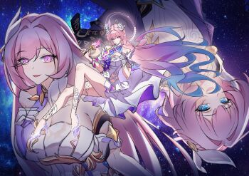 3girls absurdres aqua_hair bare_shoulders blue_eyes breasts coat commentary_request company_connection corset cyrene_(aedes_elysiae)_(honkai:_star_rail) cyrene_(honkai:_star_rail) cyrene_(ripples_of_past_reverie)_(honkai:_star_rail) diamond-shaped_pupils diamond_(shape) dress dual_persona elysia_(herrscher_of_human:_ego)_(honkai_impact) elysia_(honkai_impact) halo highres holding holding_quill honkai:_star_rail honkai_(series) honkai_impact_3rd inoue_marina kugu_natie large_breasts long_hair multicolored_hair multiple_girls pink_hair purple_coat purple_eyes quill sky star_(sky) starry_sky symbol-shaped_pupils two-tone_hair very_long_hair voice_actor_connection white_corset white_dress white_hair yanning