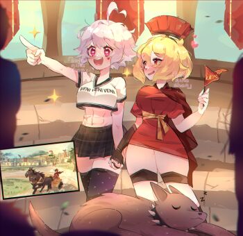 2girls absurdres ahoge animal blonde_hair buddy_(b.u.d.d.i.e.s) centurii-chan_(character) chaperon_hat cutenikechan greco-roman_clothes heart heart_ahoge highres holding_hands horse_racing horse_racing_track looking_at_another multiple_girls original palace pink_eyes pointing red_eyes roman_clothes roman_empire short_hair short_sleeves white_hair