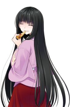 Rule 34 | 1girl, ^ ^, black hair, closed eyes, commentary request, cowboy shot, crote, eating, facing back, food, from behind, hand up, highres, hime cut, holding, holding food, holding pizza, houraisan kaguya, large variant set, long hair, long sleeves, parted lips, pink shirt, pizza, red skirt, shirt, skirt, smile, solo, standing, tachi-e, touhou, transparent background, turning head, twisted torso, variant set, very long hair, wide sleeves