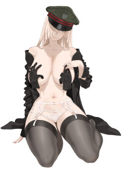 Rule 34 | 1girl, black coat, black gloves, blue eyes, coat, collarbone, erica (throtem), gloves, green hat, grey thighhighs, hair over one eye, hat, highres, light brown hair, long hair, long sleeves, navel, no bra, open clothes, open coat, original, peaked cap, simple background, sitting, solo, thighhighs, throtem, unworn gloves, white background