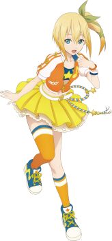 Rule 34 | 1girl, artist request, blonde hair, blue eyes, blue shoes, bracelet, edna (tales), full body, game cg, green ribbon, hair ornament, hair ribbon, highres, idol, idol clothes, jewelry, kneehighs, looking at viewer, medium hair, official alternate costume, official art, open mouth, orange socks, pointing at mouth, ribbon, shoes, side ponytail, skirt, socks, solo, tales of (series), tales of asteria, tales of zestiria, third-party source, transparent background, yellow skirt