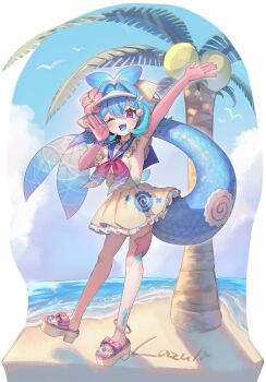 1girl absurdres beach blue_hair blue_nails blue_sailor_collar blue_tongue character_name cloud coconut_tree colored_tongue dress fang fish_hair_ornament flower frilled_dress frills gunjou_row hair_flower hair_ornament highres indie_virtual_youtuber lazuli_(vtuber) nail_polish neckerchief ocean one_eye_closed open_mouth palm_tree pink_eyes pink_flower pink_neckerchief sailor_collar sandals scales second-party_source shadow sky solo tail toenail_polish toenails tree virtual_youtuber visor_cap yellow_dress
