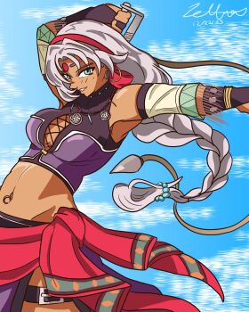 1girl absurdres akatsuki_no_kiseki bindi clothing_cutout commentary cross-laced_clothes cross-laced_cutout cross-laced_top curtained_hair dark-skinned_female dark_skin earrings eiyuu_densetsu english_commentary facial_mark forehead_jewel forehead_mark green_eyes highres holding holding_whip hoop_earrings jewelry navel_piercing parted_bangs piercing sarong scherazard_harvey sora_no_kiseki twzettai whip white_hair